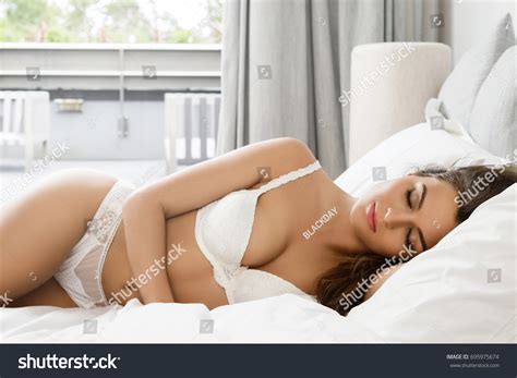 Beautiful Sexy Woman White Lingerie Bed Stock Photo