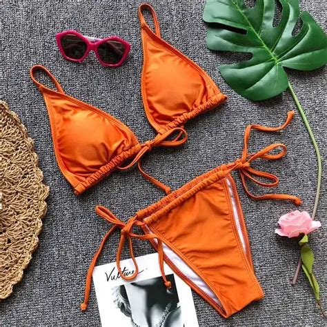 Aliexpress Buy Sexy Tong Biquini Triangle Bikini Set Tie Side Swimwear Women 2018 Tassel