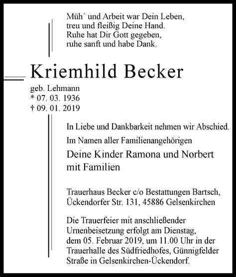 Traueranzeigen Von Kriemhild Becker Trauer In Nrw De