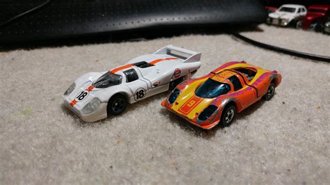 My 2017 Hot Wheels Porsche 917 LH And 1969 Hot Wheels P 917 With Opening Hood Missing The Rear