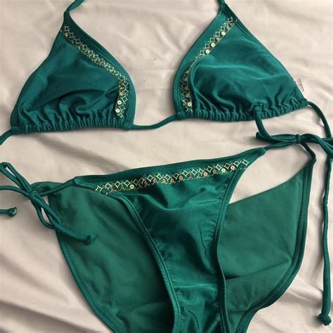 Vintage Green Bikini With Gold Sequins Top Has Depop