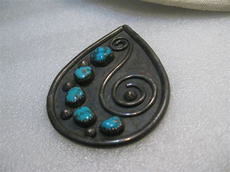 Vintage Sterling Southwestern Turquoise Pendant, Teardrop, Scrolled, 2.