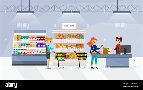 Supermarket Interior With People Flat Vector Illustration Retail Woman