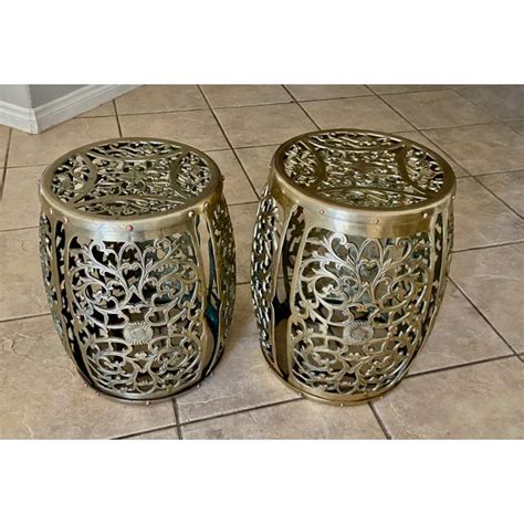 Pair Asian Brass Round Garden Stools Chairish