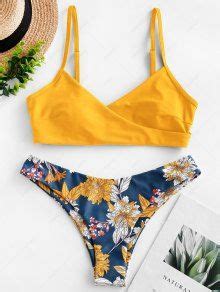 58 OFF 2022 ZAFUL Flower Surplice Padded Bikini Swimsuit In YELLOW ZAFUL
