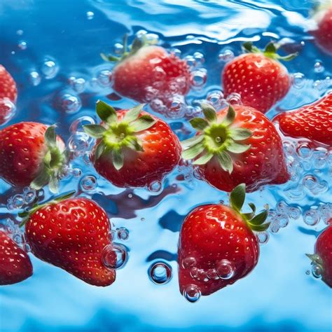 Fresas Frescas Cayendo Al Agua Con Salpicaduras Y Ondas En Un Fondo