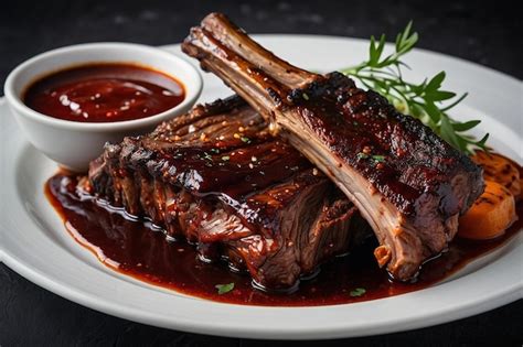 Grilled beef ribs with a side of spicy barbecue sauce | Premium AI-generated image