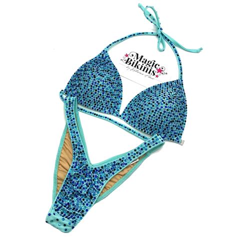 Competition Bikini No 125 Cyan Lycra With Full Bling Magic Bikinis Custom Competition Suits
