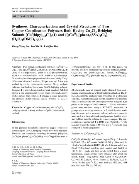 PDF Syntheses Characterizations And Crystal Structures Of Two Copper