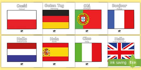 Hello In Multiple Languages Flag Posters Teacher Made