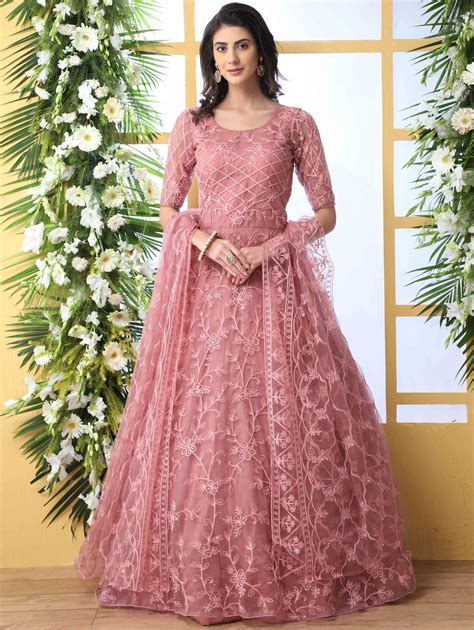 Dusty Pink Net Designer Thread Embroidered Flared Anarkali Gown Long