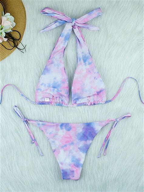 Damer Sexig Fashionabla F Rgade Halterneck Bikini Set Med Bundna