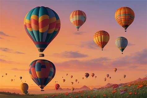 Premium AI Image Hot Air Balloon With Full Of Flowers And Butterflies Around Orange Sky In