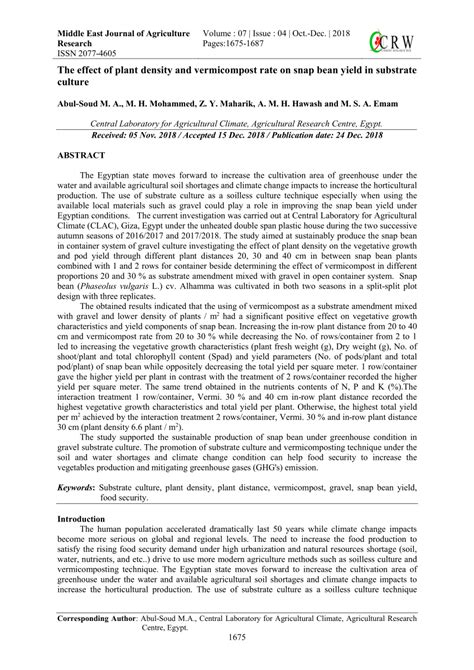 Pdf The Effect Of Plant Density And Vermicompost Rate On Snap Bean