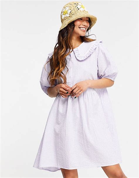 Neon Rose Mini Smock Dress With Collar In Pastel Gingham Asos