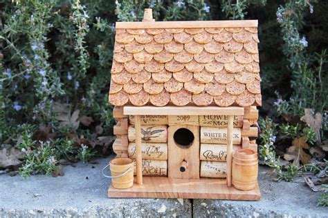 Log Cabin Birdhouse Wood And Wine Corks Etsy Bird Houses Wine Cork