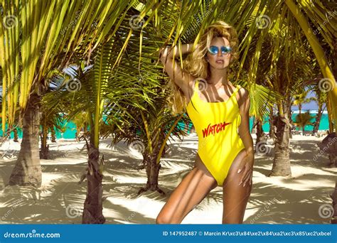 Belle Sexy Femme Dans Le Bikini Posant Sur La Plage Des Cara Bes Ma Tre Nageur Sur La Plage