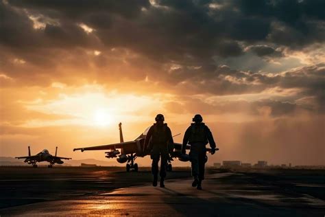 Silhouette of two soldiers and airplane on the runway at sunset ...