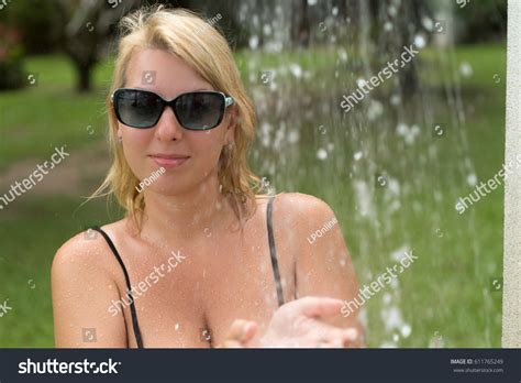 Sexy Blonde Woman Taking Outdoor Shower Stock Photo 611765249 Shutterstock