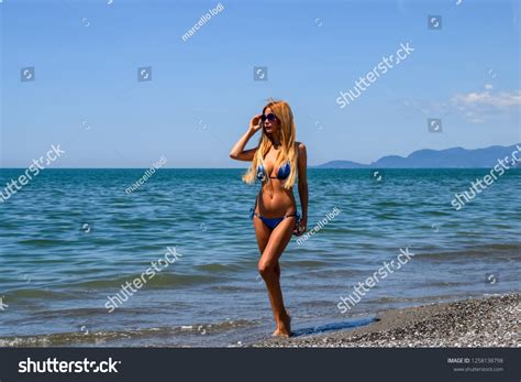 Sexy Blonde Model Blue Micro Bikini Stock Photo 1258138798 Shutterstock
