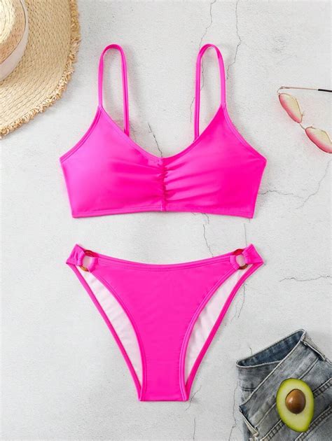 Shein Swim Women S Solid Color Ruched Separated Swimsuit Two Piece Bikini Swimwear Bathing Suit
