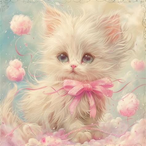 Illustration Playful Cute Kitten With A Pink Bow And Fluffy Cotton