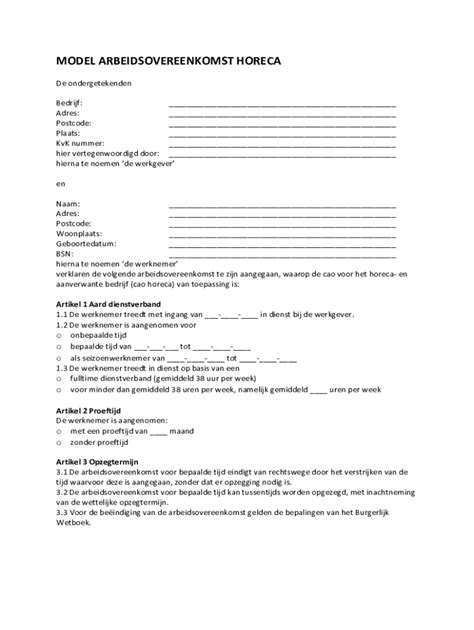 Model Arbeidsovereenkomst Horeca Fnv Horeca Fill Out And Sign Online