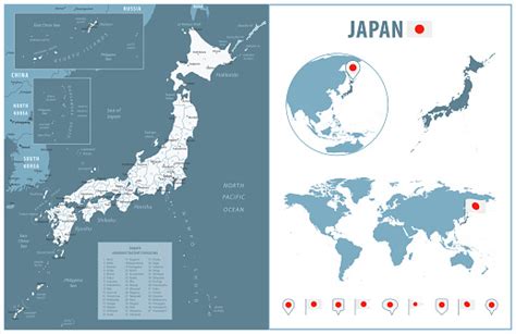 japan detailed map  regions  cities set  flags globe country