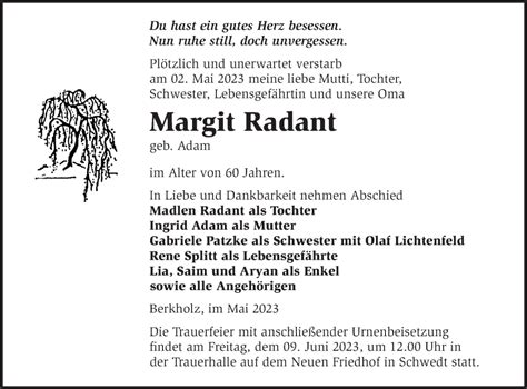 Traueranzeigen von Margit Radant Märkische Onlinezeitung Trauerportal