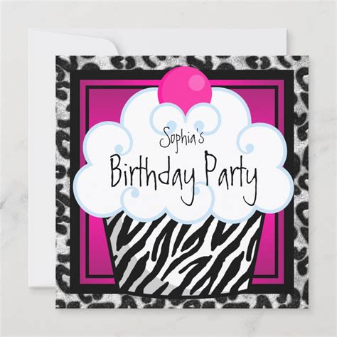 Hot Pink Zebra Girls Cupcake Birthday Party Invitation Zazzle