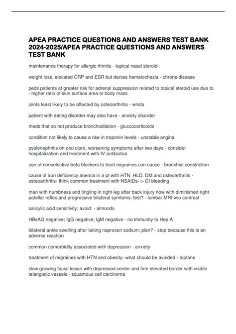 APEA PRACTICE QUESTIONS AND ANSWERS TEST BANK /APEA PRACTICE QUESTIONS