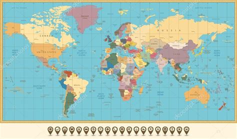 Retro Color Political World Map And Map Pointers — Stock Vector