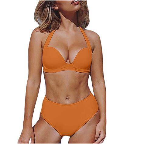 WREESH Womens Halter Bikini Set Split Solid Steel Bikini Swimsuit Two