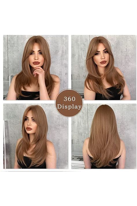 7JHH WIGS Honey Blonde Brown Wig With Bangs Long Wigs For Women Heat Resistant Fiber Layered