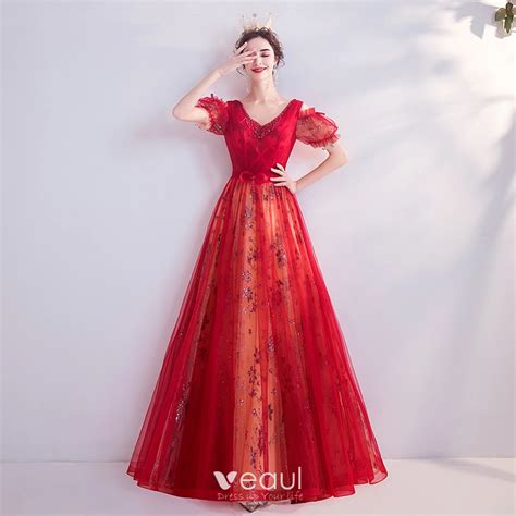 Fairytale Red Prom Dresses 2020 A-Line / Princess V-Neck Beading ...