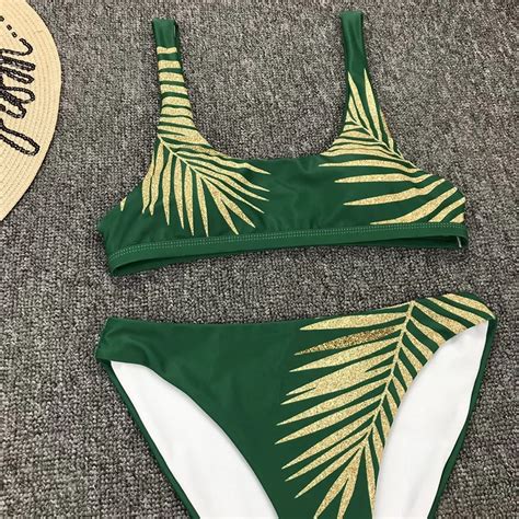 New 2021 Sexy Leaves Print Swimsuit High Waist Bikini Women Vintage Swimwear Two Pieces