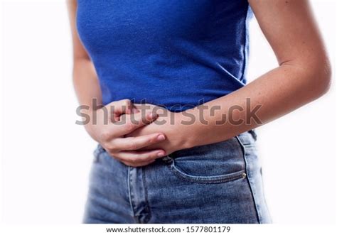 Woman Feels Strong Stomach Pain Isolated Stock Photo 1577801179