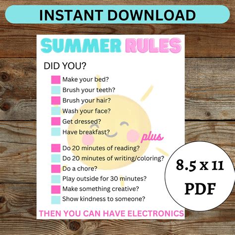 Printable Summer Rules Checklist, Summer Screen Time for Kids, Instant Download - Etsy