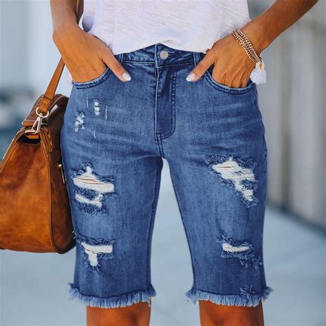 HaoXianJian Women S Jean Long Shorts Casual HIght Waist Stretch Denim Shorts Cutout Hot Pants