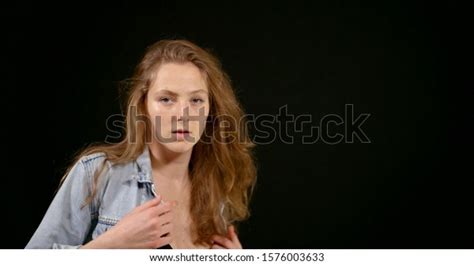 Sexy Blonde Denim Jacket Poses Beautifully Stock Photo 1576003633 Shutterstock