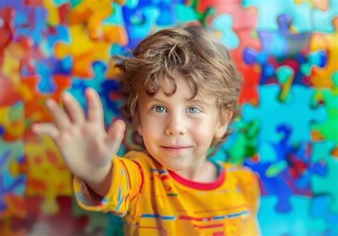 Fotos De Crianças Autista - Crianças autistas em mãos em um fundo de quebra-cabeça com cores ...