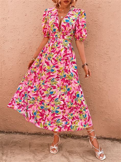 Shein Vcay All Over Print Puff Sleeve Cut Out Waist Dress Shein Usa