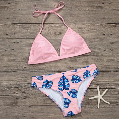 Leaf Print Bikini Set Swimsuit Deep V Strappy Bikini Set Bandage