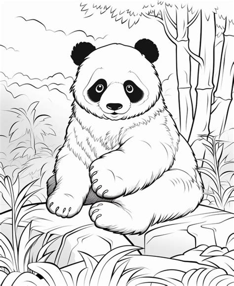 Páginas para colorir do urso panda sentado em uma pedra na selva