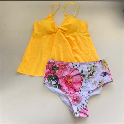 Beachsissi Pink Floral Bikini Bottom With Yellow Long Bikini Top Swimwear Size 10 M S