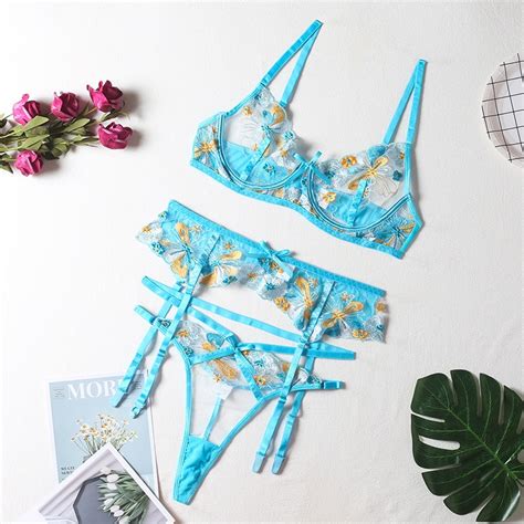 Wholesale Floral Embroidered Lace Sheer Underwire Bra G String Garter Lingerie Set Buy Women