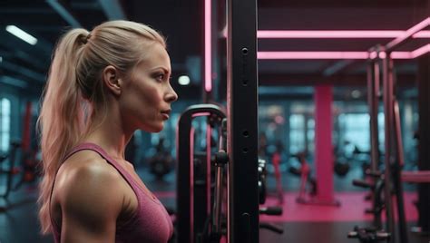 Fitness Blonde Woman Is Standing In A Gym With A Pink Top Premium AI Generated Image