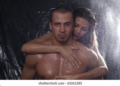 Loving Affectionate Nude Heterosexual Couple Shower Stock Photo