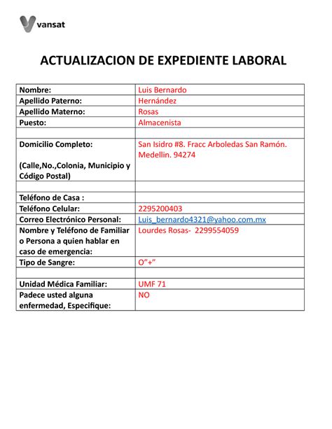 Formato Expediente Laboral Para Bxnbjsd Actualizacion De Expediente
