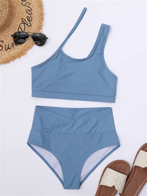 SHEIN Swim Basics Conjunto De Bikini Liso Con Parte Superior Recortada De Un Hombro Y Parte
